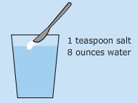 On a light blue background, a glass of water with spoon and salt shows "1 teaspoon salt" and "8 ounces water" for Carpinello Orthodontics in Drexel Hill, Newtown Square or Edgmont, PA.