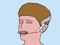 Person with short brown hair and headset, on a light blue background, representing Carpinello Orthodontics in Drexel Hill, Newtown Square or Edgmont, PA.